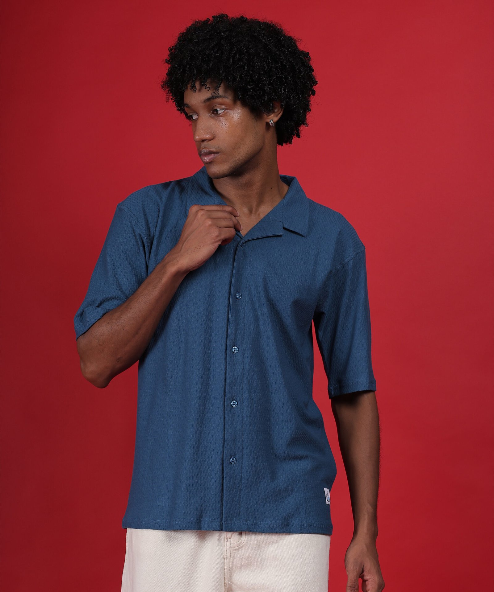 Men's Knitted Premium Jacquard Cotton Dark Blue Shirt