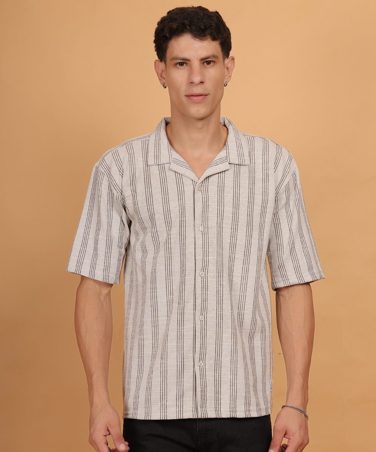 Beige & Black Striped Knitted Jacquard Premium Cotton Shirt