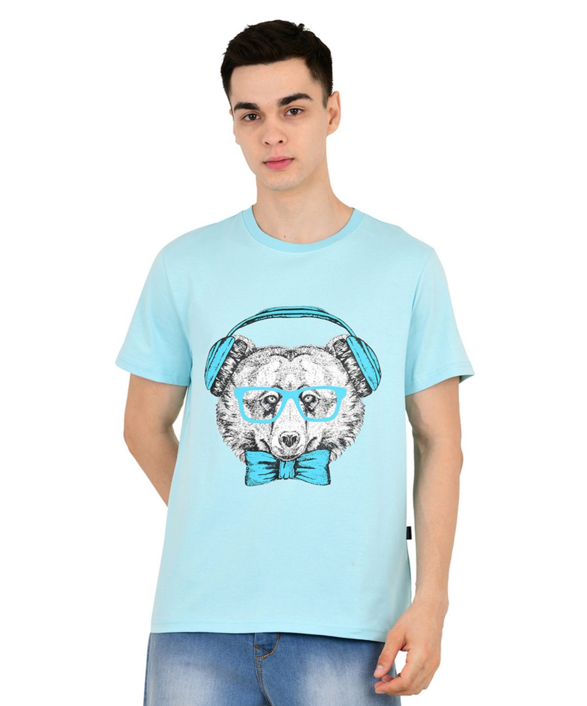 Cool Bear with Headphone Pure Cotton Blue Round Neck T-Shirt for Men